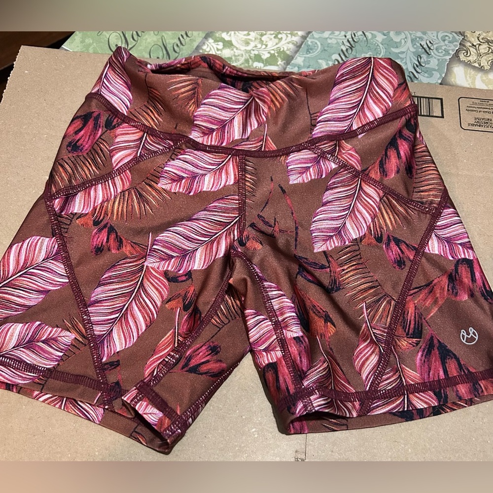 Maaji Brown and Pink Leaf Print Bike Shorts